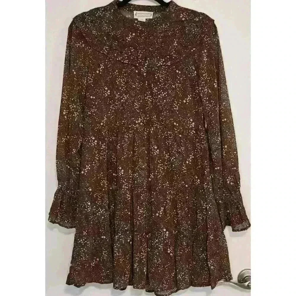Loveriche Boho Ruffle Sleeve Cottage Core Midi‎ Dress Size M Ditsy Brown Floral